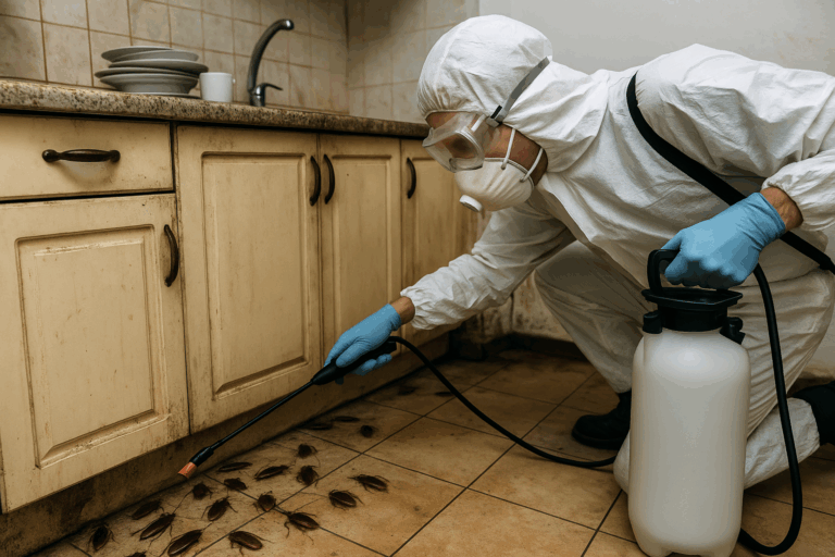 Technicien désinsectiseur pulvérisant un insecticide dans une cuisine infestée de cafards à Dijon