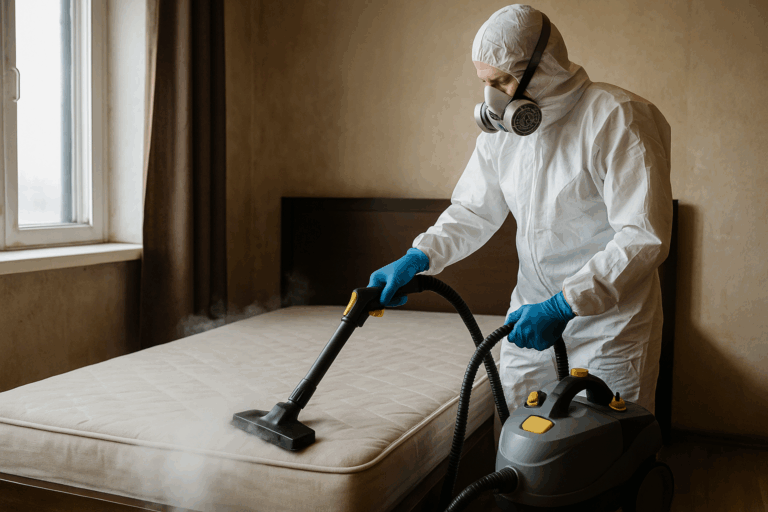 Technicien désinsectiseur utilisant un canon à chaleur pour éliminer les punaises de lit à Dijon