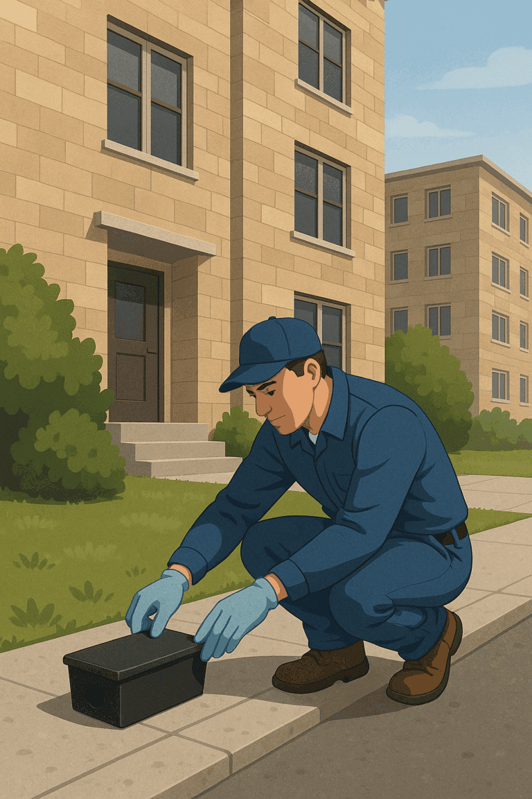 Illustration réaliste montrant un professionnel de la dératisation agenouillé sur un trottoir à Longvic, plaçant un piège sécurisé pour prévenir les infestations de rats dans un quartier résidentiel. Demander à ChatGPT