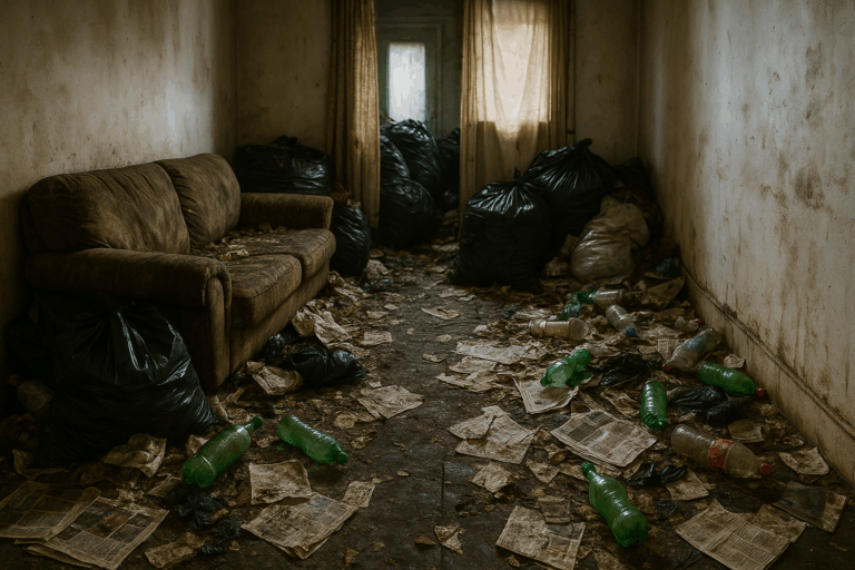 Salon d’un logement à Seignosse rempli de sacs-poubelles, bouteilles en plastique et journaux éparpillés au sol avant nettoyage extrême