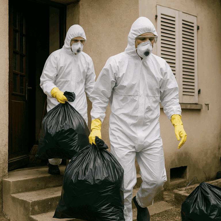Deux techniciens en combinaison blanche et masques respiratoires sortant des sacs-poubelles d’un logement insalubre à Seignosse