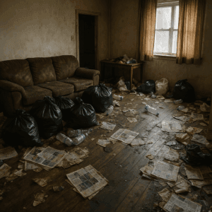 Salon encombré de sacs-poubelles, journaux et bouteilles en plastique dans un logement insalubre à Lit-et-Mixe avant nettoyage