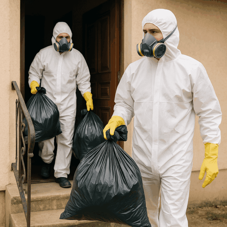 Deux techniciens en combinaison blanche et masques respiratoires sortant des sacs-poubelles d’une maison insalubre à Lit-et-Mixe
