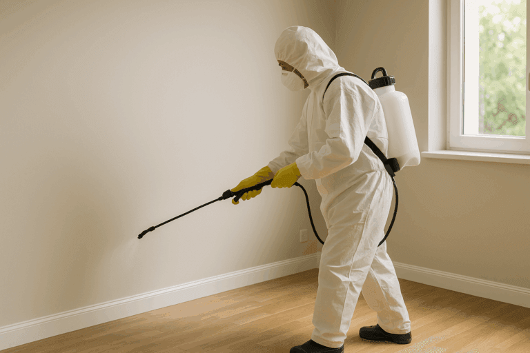 Technicien en combinaison blanche pulvérisant un produit désinfectant sur les murs d’une pièce propre et lumineuse à Lit-et-Mixe