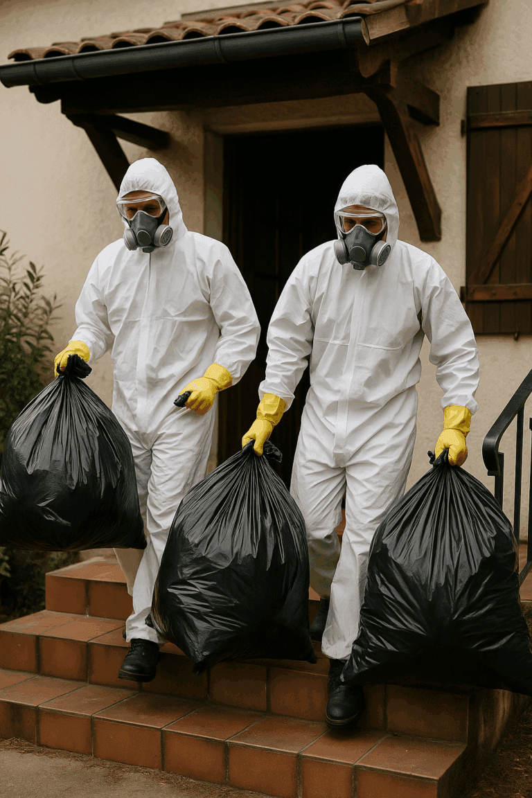 Deux techniciens en combinaison blanche et masques respiratoires sortant des sacs-poubelles noirs d’une maison insalubre à Castets