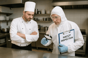 Inspecteur HACCP en combinaison blanche vérifiant un plan de travail avec un chef cuisinier dans une cuisine professionnelle à Dijon