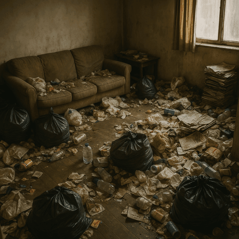 Salon encombré de sacs-poubelles, bouteilles en plastique et journaux accumulés dans un logement insalubre à Azur