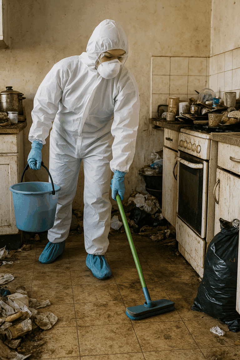 Technicien en combinaison intégrale et gants nettoyant le sol d’une cuisine insalubre à Longvic.