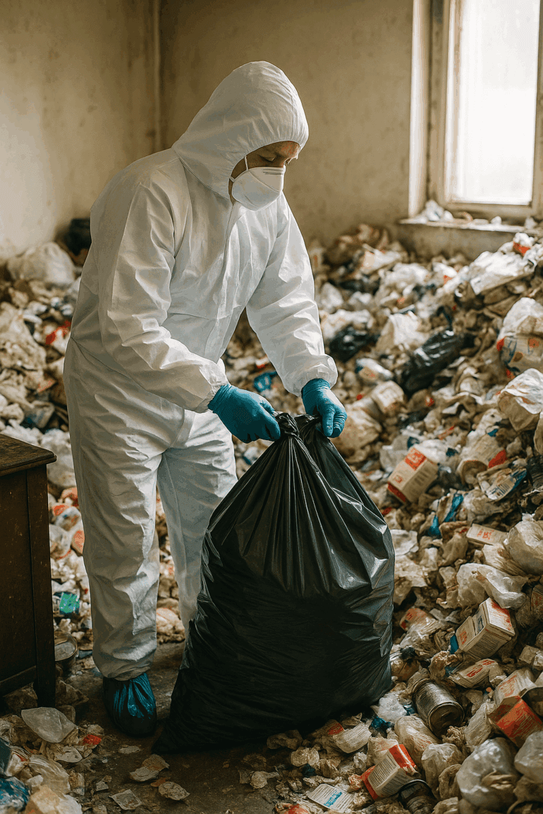 Travailleur en combinaison blanche remplissant un sac-poubelle dans une pièce encombrée de détritus.