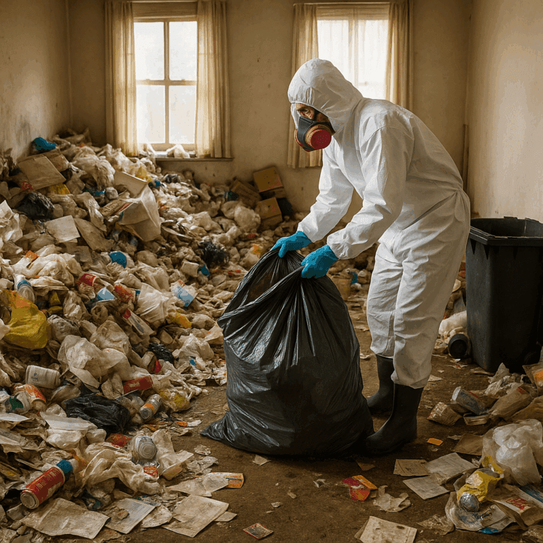 Travailleur en combinaison ramassant un sac d’ordures dans une pièce surchargée de déchets