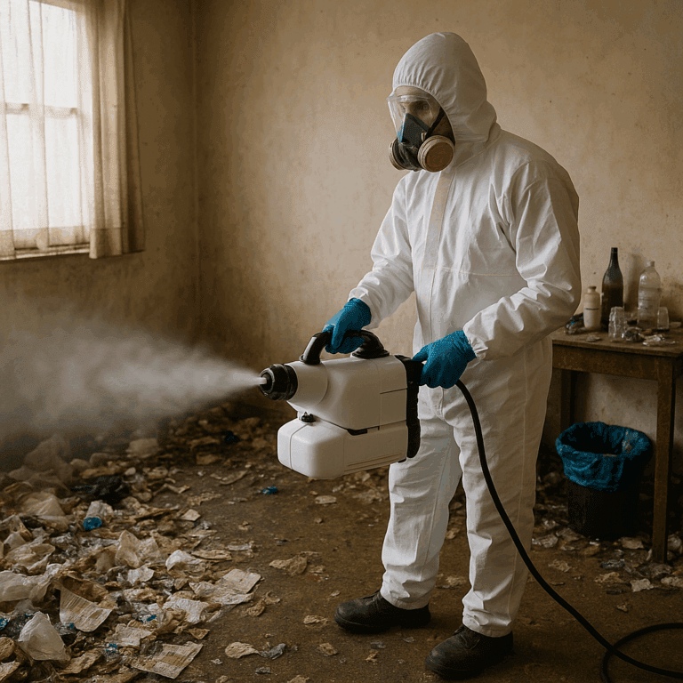 Technicien pulvérisant un produit désinfectant dans une pièce jonchée de détritus