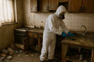 Technicien en combinaison intégrale frottant un plan de travail sale dans une cuisine abandonnée