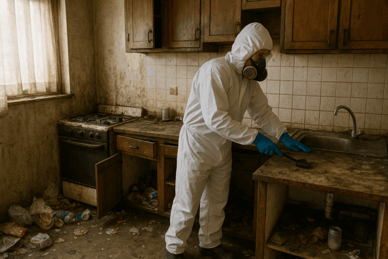 Technicien en combinaison intégrale frottant un plan de travail sale dans une cuisine abandonnée